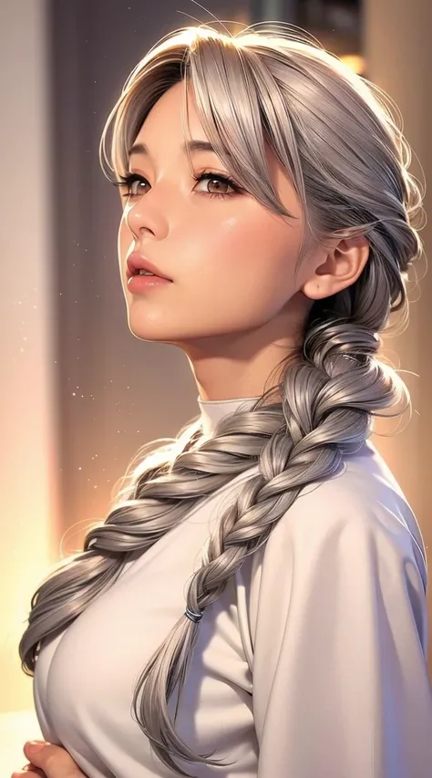 Highest quality, masterpiece,Gray Hair, Golden Eyes,White clothes, look up, Upper Body,hair,Fair skin,Side braid