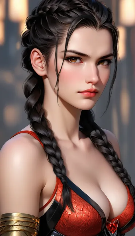 (((( FemTerminatorCos )))) A beautiful young woman with narrowed eyes, a smirk on her face, and long black braided hair, 1girl, detailed facial features, beautiful detailed eyes, beautiful detailed lips, extremely detailed face, long eyelashes, dark braide...