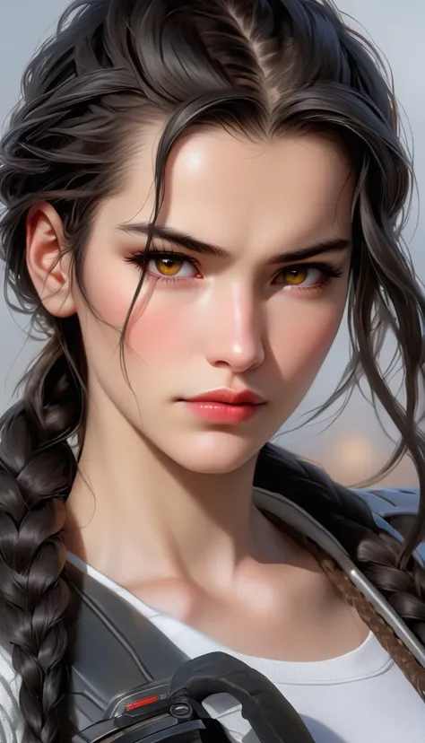 (((( femterminatorcos )))) a beautiful young woman with narrowed eyes, a smirk on her face, and long black braided hair, 1girl, ...