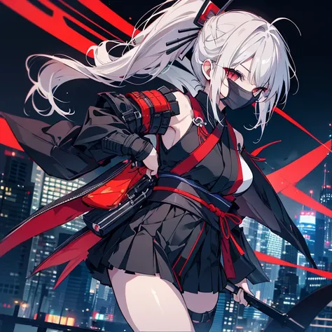 1 girl、Mature、Ample breasts、Long Hair、Red Eyes、White Hair、ponytail、ハイponytail、Ninja、Armament、kimono、Shoulder Bare、Miniskirt、Arm Covers、Pointed handbag、I dont want、Ninja、Black Mask、Battle Scenes、cool、Downtown、Night view、Rooftop