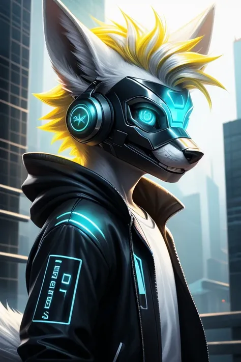 Young werewolf, white fur, wearing a black jacket with neon details, sporting a cybernetic mask, with gamer headphones, profile picture, Close-up on the facehigh quality, digital art, drawing, HD 4k fotorealistisch, ((clear structural details)), Meticulous...