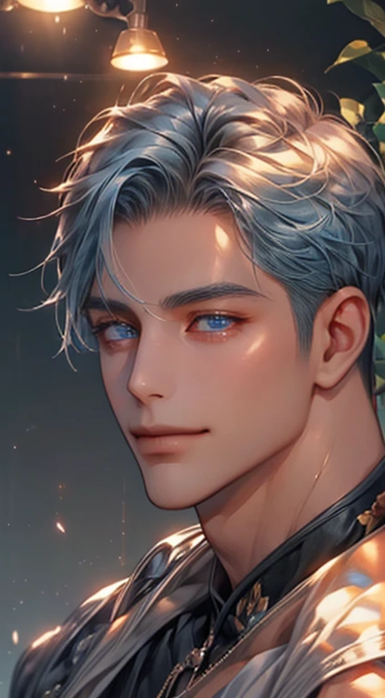 (best quality,4k,8k,highres,masterpiece:1.2),ultra-detailed,(realistic,photorealistic,photo-realistic:1.37),1 man,31 years old,mature man,very handsome,without expression,smile,short grey blue hair,blue eyes,penetrating gaze,perfect face without errors,imp...