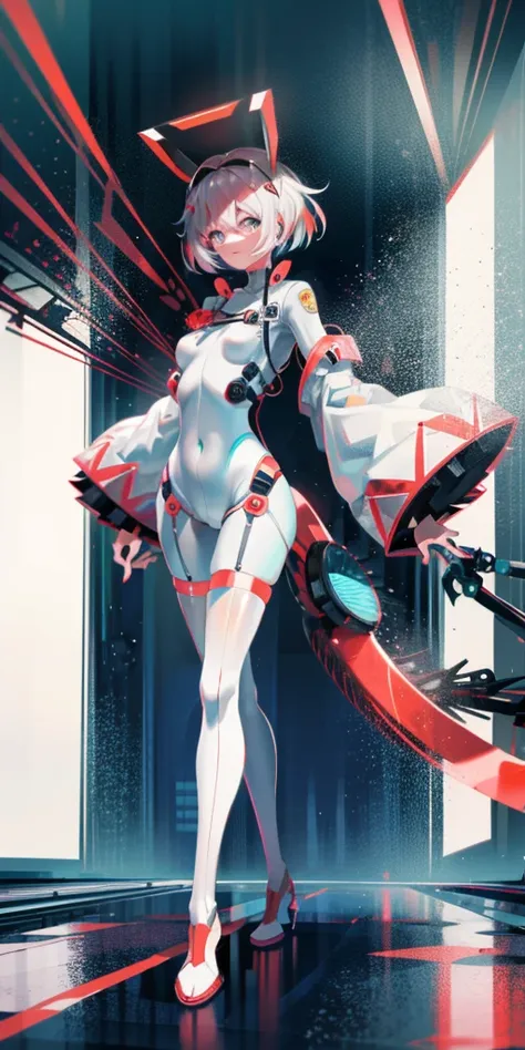 （Best quality：1.2），1 girl，Alone，permanent_，Ayanami Rei，White jumpsuit，Red Eyes，Pilot suits，short hair，Blue Hair，Bangs，Interface Headphones，turtleneck sweater，Hair between the eyes，Pixelated background，Neon lights，Sci-fi color scheme，Vibrant colors，Metallic...