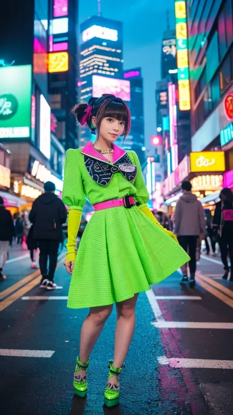 Masterpiece, Top quality, Wearing unique Harajuku style clothing, Mint green stands out, Bold colors and patterns, Eye-catching accessories, Trendy and innovative hairstyle, Bright makeup, Dazzling cyberpunk cityscape, Skyscrapers, Neon signs, LED lights, ...