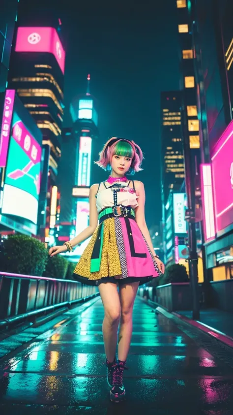 Masterpiece, Top quality, Wearing unique Harajuku style clothing, Mint green stands out, Bold colors and patterns, Eye-catching accessories, Trendy and innovative hairstyle, Bright makeup, Dazzling cyberpunk cityscape, Skyscrapers, Neon signs, LED lights, ...