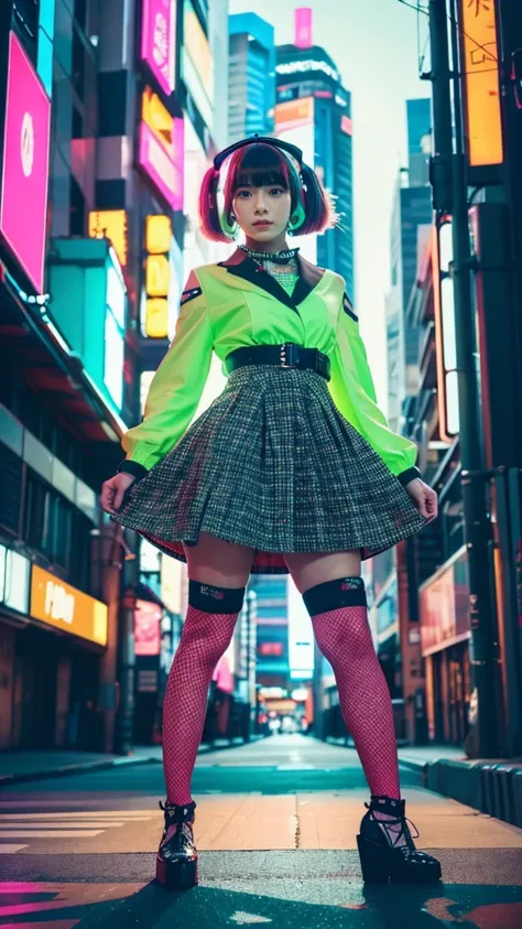 Masterpiece, Top quality, Wearing unique Harajuku style clothing, Mint green stands out, Bold colors and patterns, Eye-catching accessories, Trendy and innovative hairstyle, Bright makeup, Dazzling cyberpunk cityscape, Skyscrapers, Neon signs, LED lights, ...