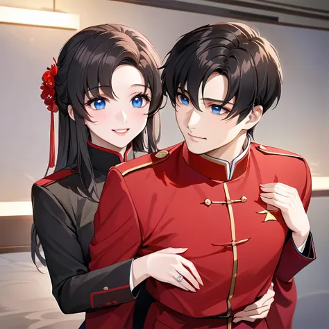 ((Highest quality)), ((masterpiece)), (detailed), （Perfect Face）、The woman is a Chinese Lacus Clyne with blue eyes and medium-long black hair. She is wearing an engagement ring. She has become a member of the glorious Chinese Communist Party and has sworn ...