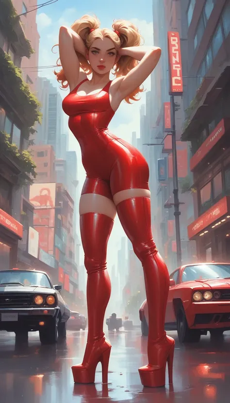 future sexy asian blonde girl with twin-tails in a futuristic city.1.5, rusty metal city, lots of details, cars, buildings, bill...