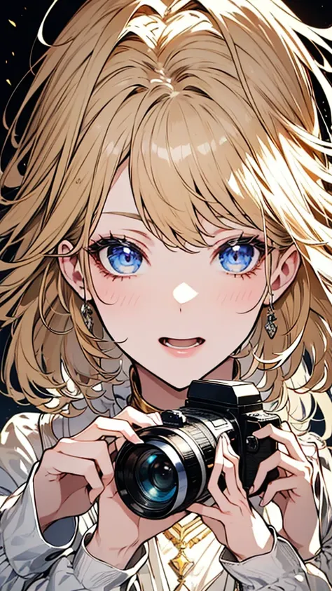 Close-up of a woman holding a camera。In the eyes of a woman、A beautiful view is reflected。The camera has『Niwon』The brand name is written、Elaborately drawn down to the smallest detail。Soft light shines into the background、There is a fantastic atmosphere in ...