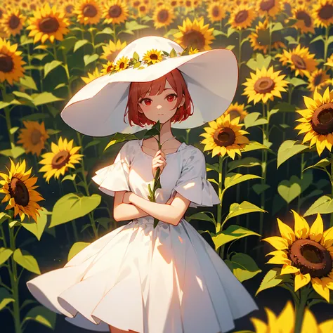 Red eyes white short hair white dress in a sunflower garden