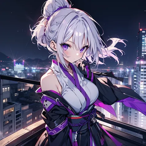 1 girl、Mature、Ample breasts、Purple Eyes、White Hair、Bun Hair、Ninja、Armament、kimono、Shoulder Bare、Miniskirt、Arm Covers、Pointed handbag、I dont want、Ninja、Battle Scenes、cool、Downtown、Night view、Rooftop