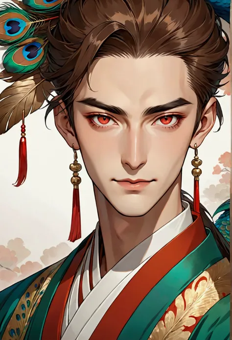 sarcastic young male mage. red eyes. fox-like eyes. narrow eyes. smirk. thin-thin lips. sharp face. thin sharp eyebrows. eyebrows tick. long brown hair. peacock feather earring in one ear. hanfu