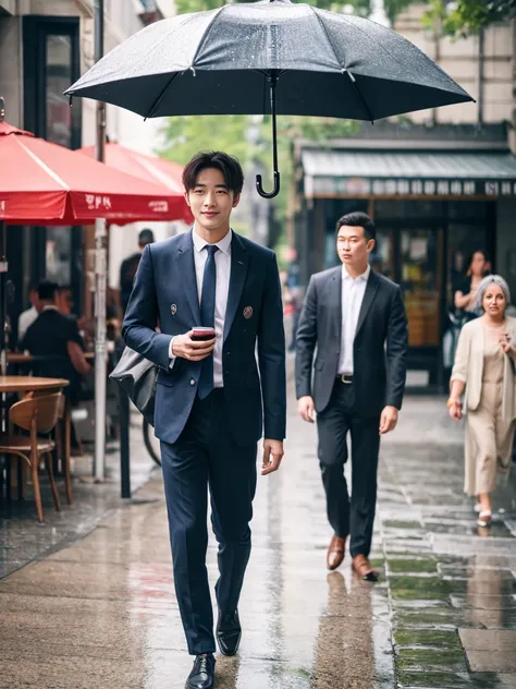 A handsome Chinese man, three-dimensional facial features, full body, Wearing a casual suit, standard proportion, background street, sunny day, holding an umbrella