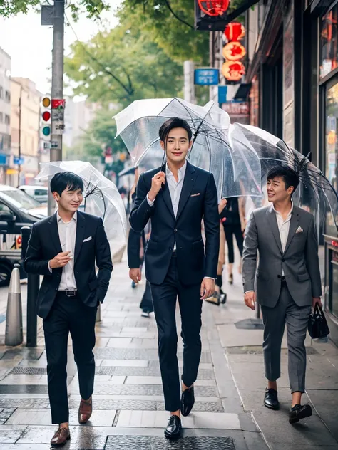 A handsome Chinese man, three-dimensional facial features, full body, Wearing a casual suit, standard proportion, background street, sunny day, holding an umbrella