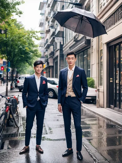 A handsome Chinese man, three-dimensional facial features, full body, Wearing a casual suit, standard proportion, background street, sunny day, holding an umbrella