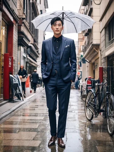 A handsome Chinese man, three-dimensional facial features, full body, Wearing a casual suit, standard proportion, background street, sunny day, holding an umbrella