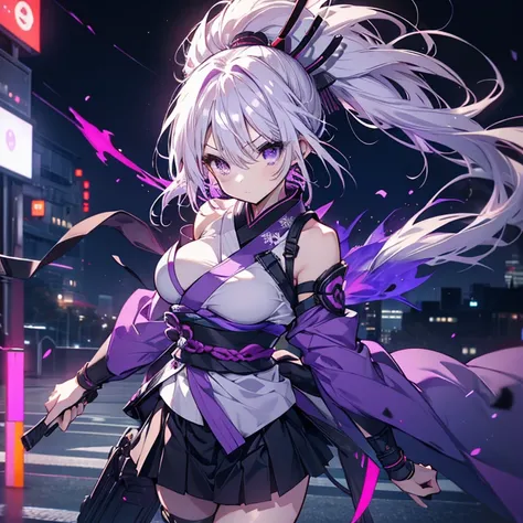 1 girl、Mature、Ample breasts、Purple Eyes、White Hair、Long Hair、ponytail、Ninja、Armament、kimono、Shoulder Bare、Miniskirt、Arm Covers、Pointed handbag、I dont want、Ninja、Battle Scenes、cool、Downtown、Night view、Rooftop