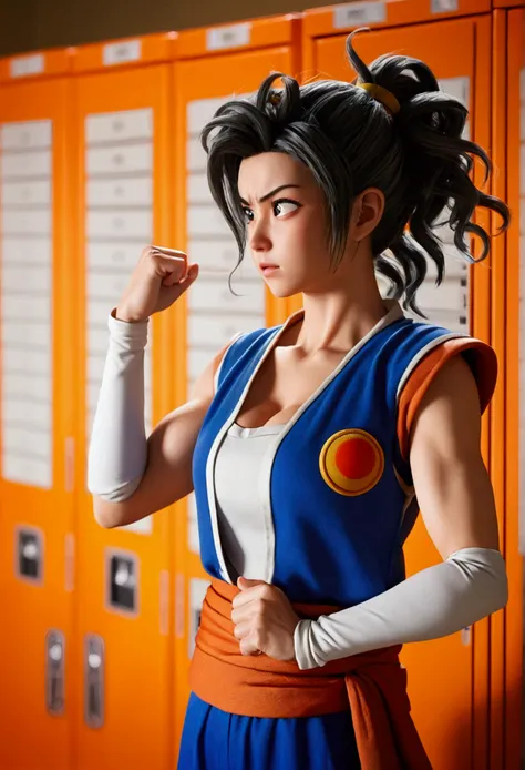 masterpiece, absurdities , (intricate details), (showy),cinematic lighting,bust shot,Extremely detailed CG unity 8k wallpaper ,milk(dragon ball Z), 1 girl, Alone,mature woman, arm up, looking at the viewer, sports well, locker room,cowboy shot,