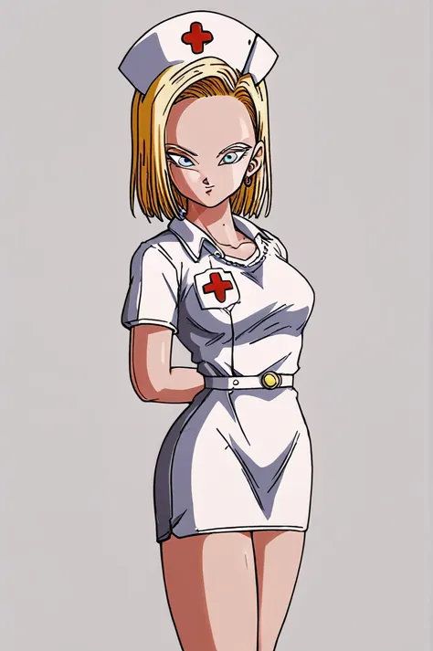 nurse, nurse cap, breast pocket, collared dress, short dress, short sleeves, thighs, white dress, white headwear,android18