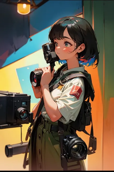 A girl holding a sticker, a vintage film camera, capturing the beautiful world, high-resolution, detailed, vibrant colors, retro style, soft lighting