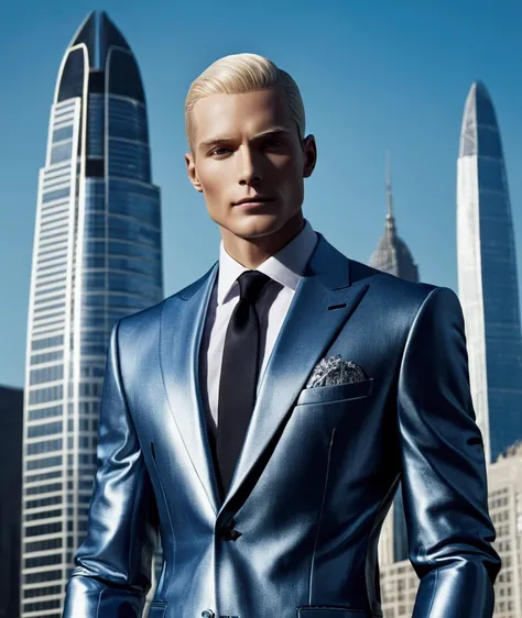 A stunning photograph of a sleek, humanoid male robot featured in the glossy magazine "Gentleman." The robot is dressed in a well-tailored suit, with a confident pose and a gentle smile. The background is a modern urban setting, with skyscrapers and a city...