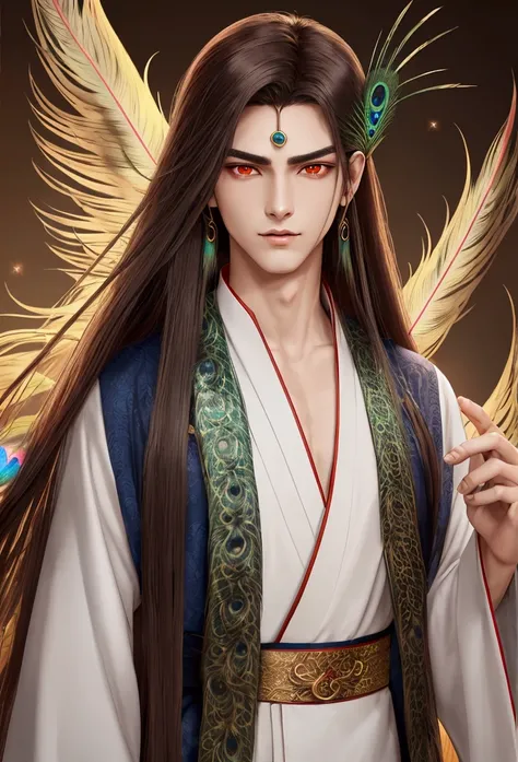 sarcastic young male mage. red eyes. fox-like eyes. narrow eyes. smirk. thin-thin lips. sharp face. thin sharp eyebrows. eyebrows tick. very long brown hair. peacock feather earring in one ear. hanfu