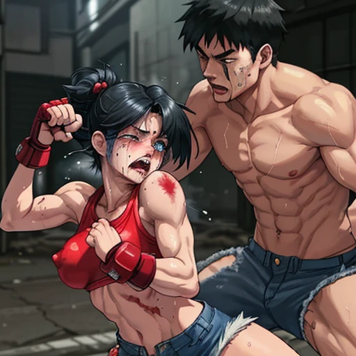 a male streetfighter is beating a female streetfighters body so hard in the backstreet. He is holding her body. a bloody beautiful Japanese female fighter is being beating terribly by a male fighter. Blood is dripping from her nose. She is covered in scars...