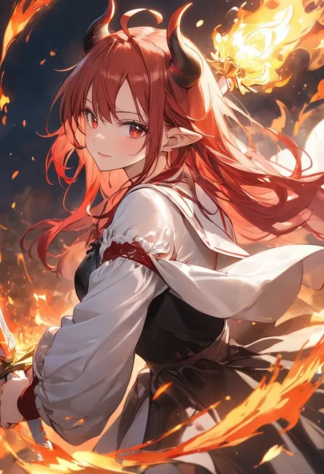 an anime styled character with long red hair with horns and a dress on with a white sword, 1girl, solo, red hair, red eyes, long hair, horns, fire, ahoge