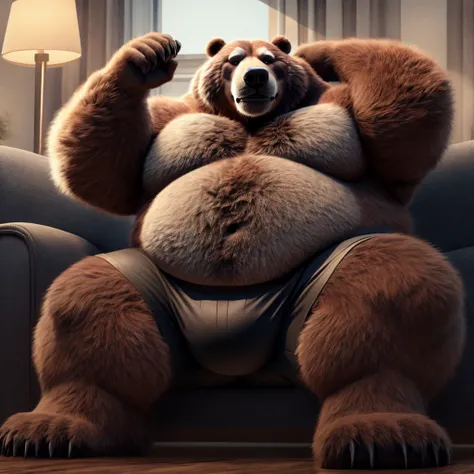 Fat Huge Daddy Furry Purple Grizzly Bear Bigger belly and large chunky body wearing Black Shorts and sitting on the sofa watching tv