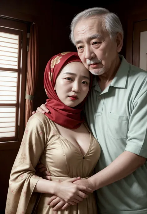 Korean beautiful young girl couple with old man, young girl as wife, Old man as her husband, young girl hug Old man, Young girl wearing Red Hijab flower pattern, young girl red lips, Young girl with old man naked stands in bedroom villa