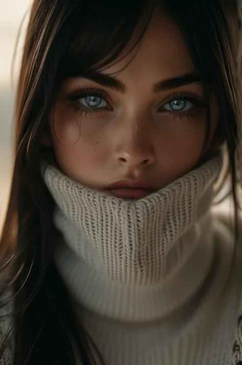 16 years old Megan Fox, ultra-detailed Nordic eyes, (bangs), knit sweater, (((masterpiece, ultra-detailed face))).