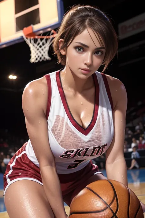 4K，masterpiece，High resolution，Very complicated，Realistically，((Sweaty 1.5))，((Shiny skin 1.5))， whole body，Summer noon， Play basketball，Basketball Pose，Basketball Uniform，Thighs， 1990s（style），White skin，(Sweaty cleavage 1.2)， (Highest quality), (High reso...