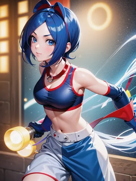 (at night), alone, in a video game scene a background of a beautiful city during the day raining, standing at attention, semi-short blue hair, anime frog face blouse, white flared pants, wears blue exercise gloves, has round glasses on her head, WEARS a RE...