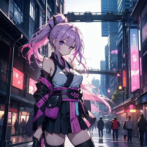 1 girl、Mature、Ample breasts、Purple Eyes、Pink Hair、Long Hair、ponytail、Ninja、Armament、kimono、Shoulder Bare、Miniskirt、Arm Covers、Pointed handbag、I dont want、Ninja、Battle Scenes、cool、Downtown、Night view、Rooftop