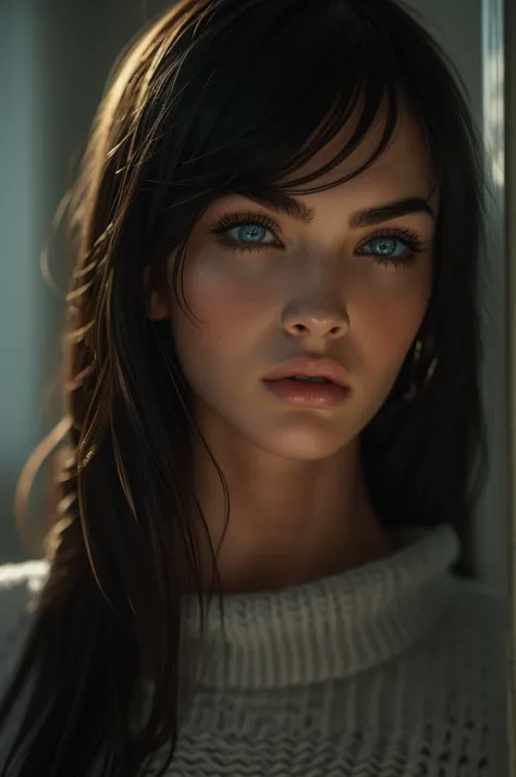 16 years old Megan Fox, ultra-detailed Nordic eyes, (bangs), knit sweater, (((masterpiece, ultra-detailed face))).