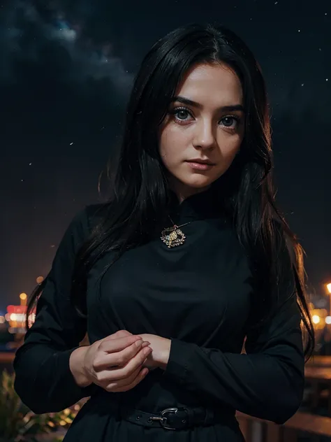 beautiful woman, black dress, сидит на краю skyскреба nightю, long hair in disarray, flirting, sad eyes, holding a photograph in your hands, ultra HD, realistic, night, a lot of night lights, sky,  high detail, UHD drawing, perfect composition, beautiful d...