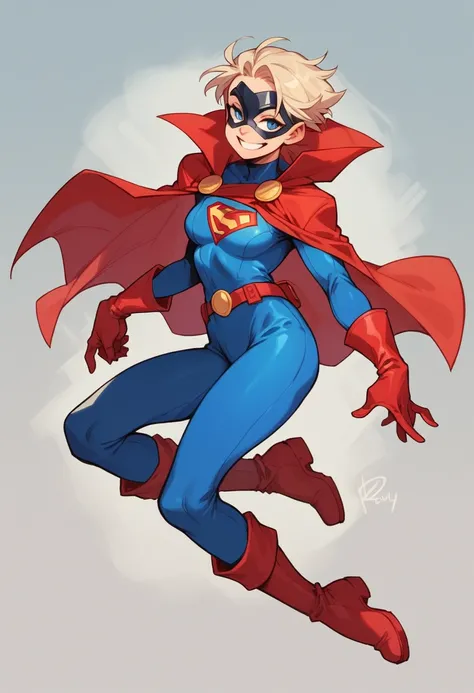 cool baldy girl, with blue superhero suit, red cape, red gloves, red boots, black eyemask, smile