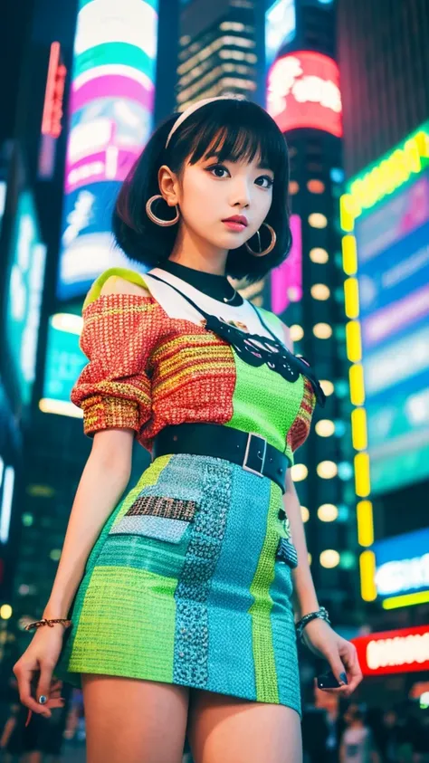 Masterpiece, Top quality, Wearing unique Harajuku style clothing, Mint green stands out, Bold colors and patterns, Eye-catching accessories, Trendy and innovative hairstyle, Bright makeup, Dazzling cyberpunk cityscape, Skyscrapers, Neon signs, LED lights, ...