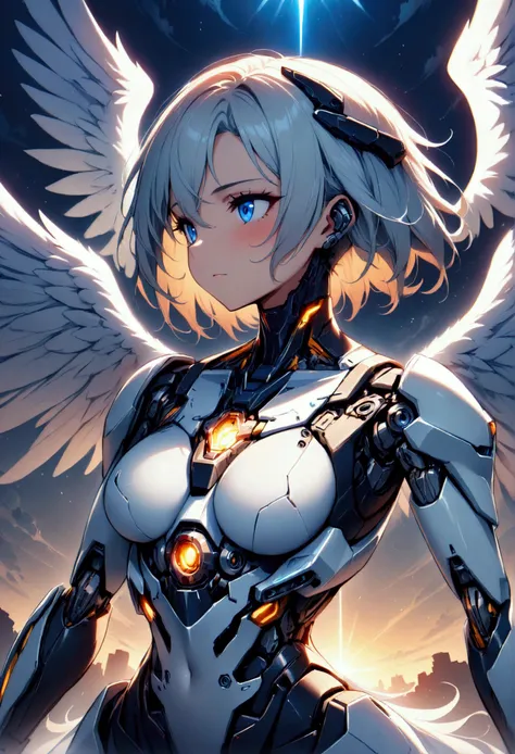 1 girl, cyborg angel, partly mechanised, half of the face is mechanized, angel wings also mechanized, (masterpiece:1.2),