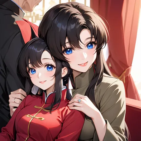 ((Highest quality)), ((masterpiece)), (detailed), （Perfect Face）、The woman is a Chinese Lacus Clyne with blue eyes and medium-long black hair. She is wearing an engagement ring. She has become a member of the glorious Chinese Communist Party and has sworn ...