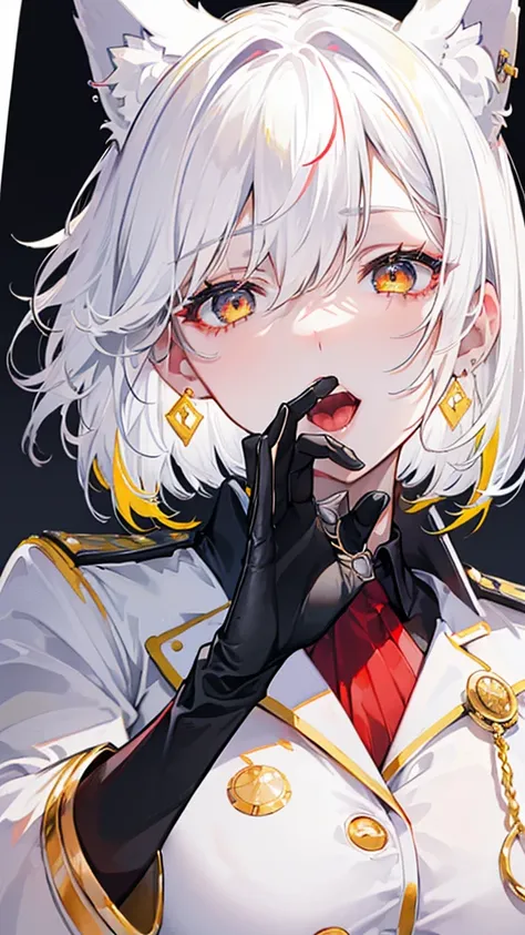 Face Focus , ((Highest quality)), ((Tabletop)), Perfect Face, Official Art,,Beautiful Face,Earrings,((((Pure White hair)))),heterochromia , ((right red eye)) , ((left yellow eye)),(((Odd Eye))),Textured skin, Ultra high definition, Very detailed, ((((Blaze...