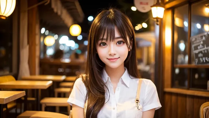 Cute girl working at a cafe terrace　Japanese　１９age　
Professional Lighting　Digital SLR　Beautiful and elaborate face　Perfect and beautiful face　Big eyes Smile