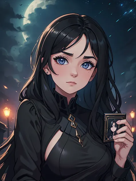 beautiful woman, black dress, сидит на краю skyскреба nightю, long hair in disarray, flirting, sad eyes, holding a photograph in your hands, ultra HD, realistic, night, a lot of night lights, sky, high detail, UHD drawing, perfect composition, beautiful de...