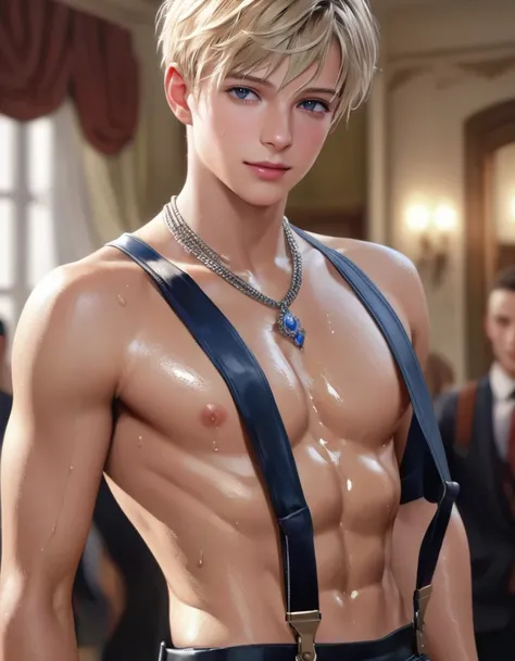 (detailed nipples, blue suspenders, necklace)high quality, detailed, photo Realistic,(17 years old smiling tanned blond school boys), (detailed black eyes), (blond short hair),(abs),(tanned shiny skin:1.4), wet chest, blue suspenders,(detailed nipples), ba...