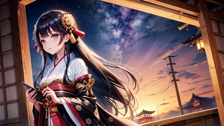 One girl, Long black hair, Brown eyes, Wearing a beautiful Japanese kimono, Mount Horai Kaguya,hair ornaments, hair 花, Wide sleeves, Iris, bamboo, View your viewers, night, star (null), Ruffle sleeves, null, night null,night,High resolution, Super sharp, 8...