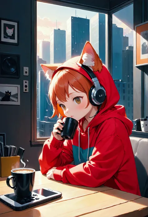 A young cat in a hoodie, drinking coffee and listening to lo-fi music on headphones.