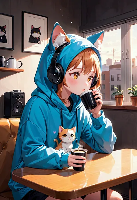 A young cat in a hoodie, drinking coffee and listening to lo-fi music on headphones.