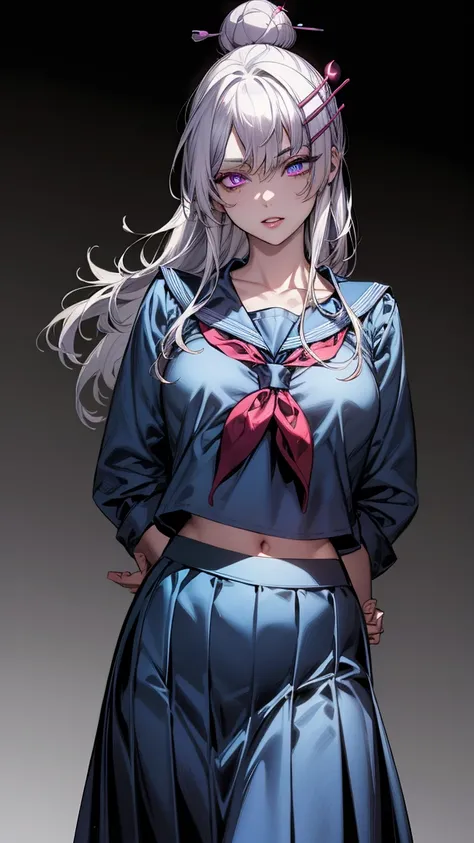 frolaytiacapistrano, frolaytia capistrano, long hair, bangs, hair ornament, (purple eyes:1.3), white hair, hair bun, single hair bun, 
BREAK (skirt, pleated skirt, serafuku, shirt, blue shirt, long sleeves, long skirt, blue skirt, blue sailor collar, sailo...