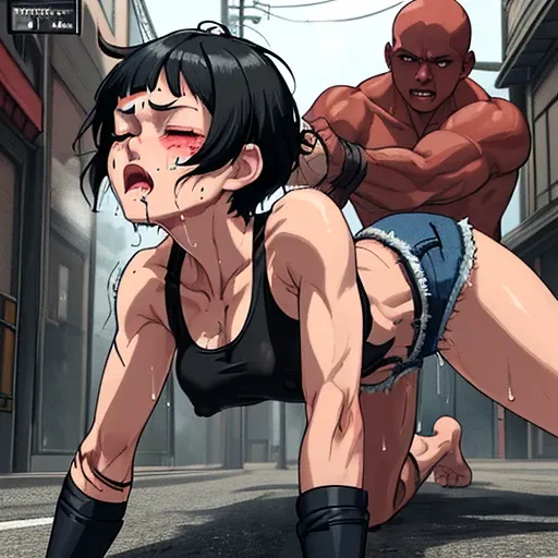 fulbody. a male streetfighter is choking her neck from behind her. a bloody beautiful young Japanese female streetfighter is beated down in the backstreet. Blood is dripping from her nose. She is covered in scars and bruises. Shes on all fours. she is dama...