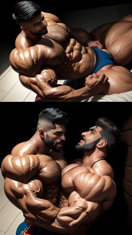 two indian muscular men doing hot body playing couple entwined with Pain is raging on the face, and making aggressive face expressions, from above view, musclebound and hulking, muscular bodies, large muscles, very beautiful body playing, seductive body pl...